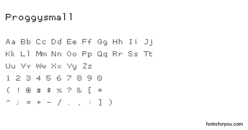 Czcionka Proggysmall – alfabet, cyfry, specjalne znaki