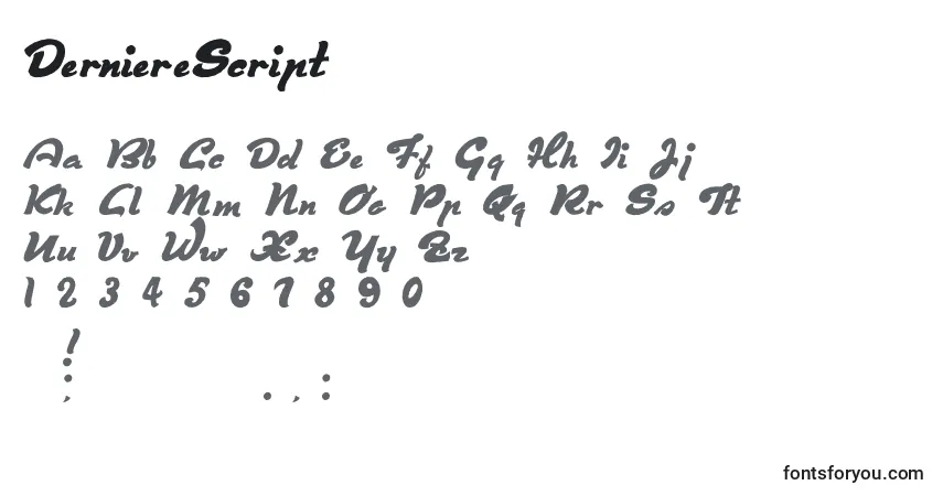 Czcionka DerniereScript – alfabet, cyfry, specjalne znaki