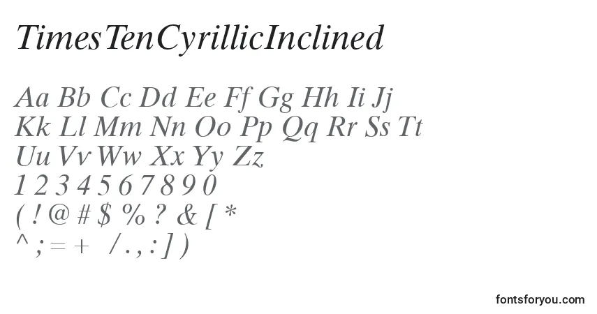 A fonte TimesTenCyrillicInclined – alfabeto, números, caracteres especiais