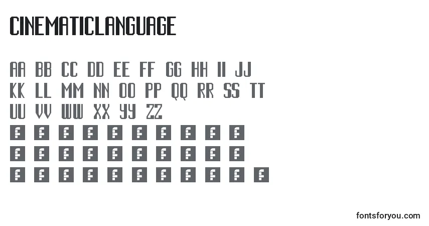 A fonte CinematicLanguage – alfabeto, números, caracteres especiais