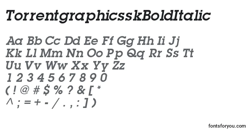 Schriftart TorrentgraphicsskBoldItalic – Alphabet, Zahlen, spezielle Symbole