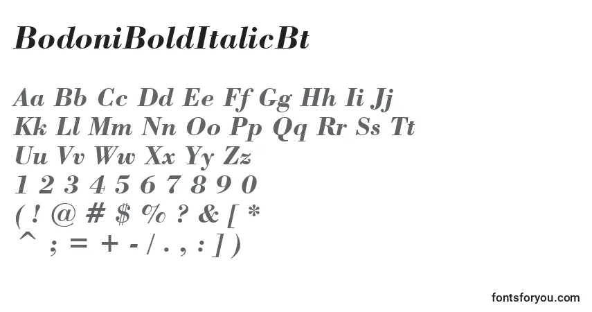Шрифт BodoniBoldItalicBt – алфавит, цифры, специальные символы