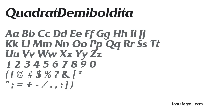 Czcionka QuadratDemiboldita – alfabet, cyfry, specjalne znaki