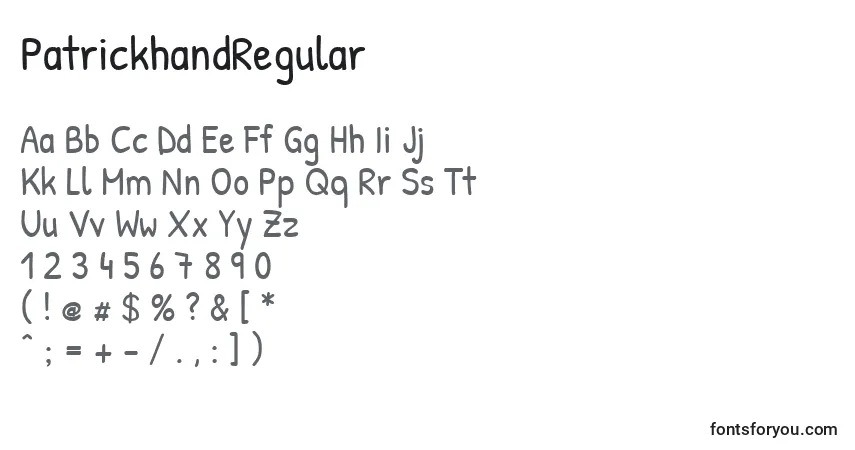 Schriftart PatrickhandRegular – Alphabet, Zahlen, spezielle Symbole