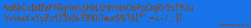 フォントPatrickhandRegular – 茶色の文字が青い背景にあります。