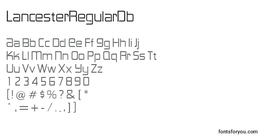 Czcionka LancesterRegularDb – alfabet, cyfry, specjalne znaki