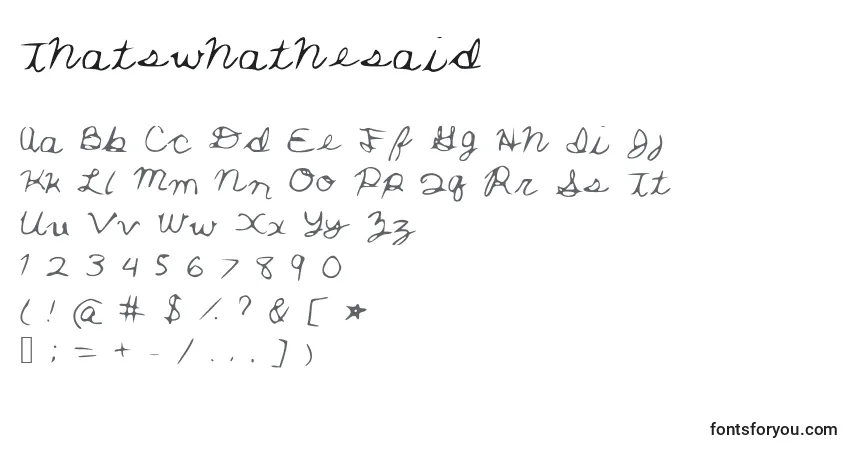 Czcionka Thatswhathesaid – alfabet, cyfry, specjalne znaki