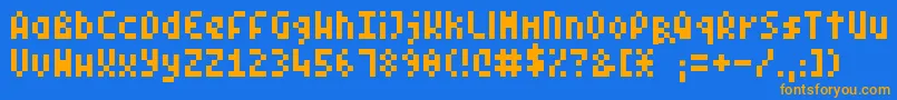 フォントPixelSymtext – オレンジ色の文字が青い背景にあります。