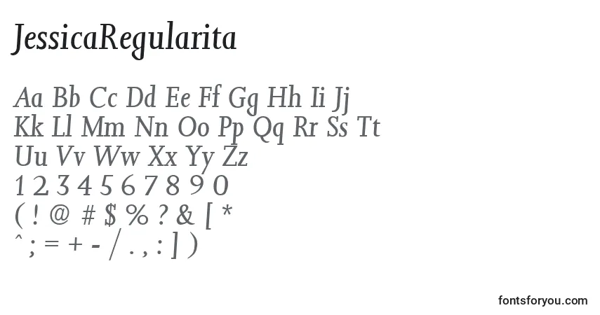 A fonte JessicaRegularita – alfabeto, números, caracteres especiais