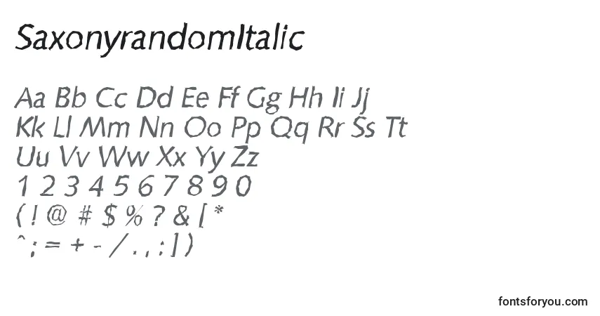 A fonte SaxonyrandomItalic – alfabeto, números, caracteres especiais