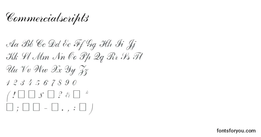 Czcionka Commercialscript3 – alfabet, cyfry, specjalne znaki
