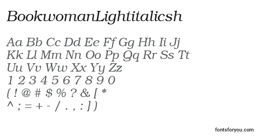 Czcionka BookwomanLightitalicsh – alfabet, cyfry, specjalne znaki
