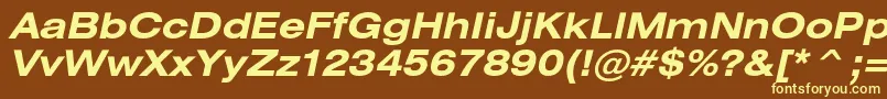 HeliosextBoldItalic-fontti – keltaiset fontit ruskealla taustalla