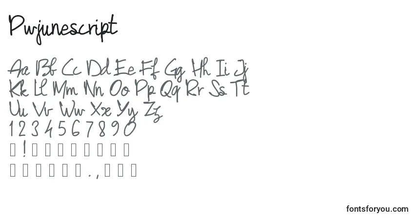 Pwjunescript Font – alphabet, numbers, special characters