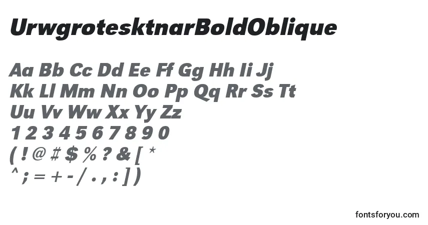 Czcionka UrwgrotesktnarBoldOblique – alfabet, cyfry, specjalne znaki