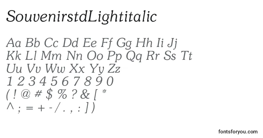 Шрифт SouvenirstdLightitalic – алфавит, цифры, специальные символы
