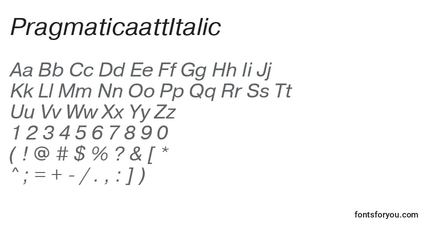 Czcionka PragmaticaattItalic – alfabet, cyfry, specjalne znaki
