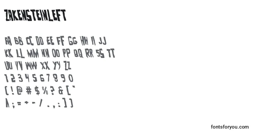A fonte Zakensteinleft – alfabeto, números, caracteres especiais