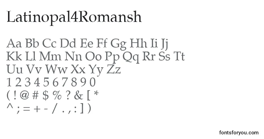 Czcionka Latinopal4Romansh – alfabet, cyfry, specjalne znaki