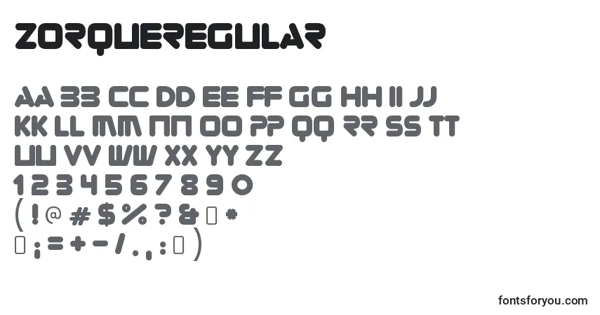 Czcionka ZorqueRegular – alfabet, cyfry, specjalne znaki