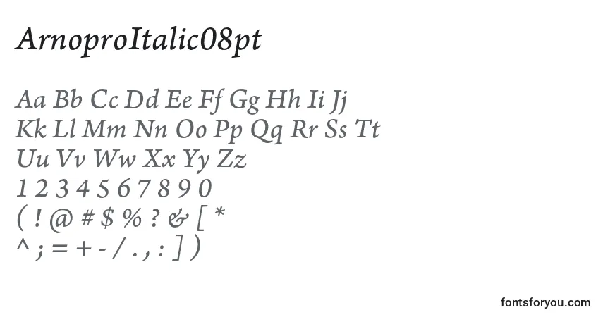Czcionka ArnoproItalic08pt – alfabet, cyfry, specjalne znaki