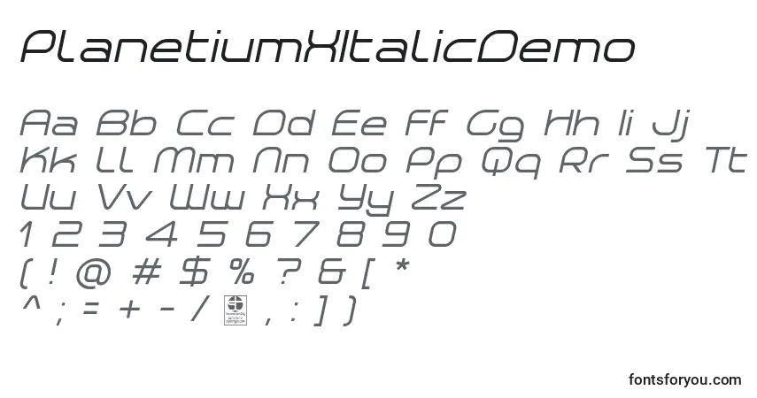 PlanetiumXItalicDemoフォント–アルファベット、数字、特殊文字