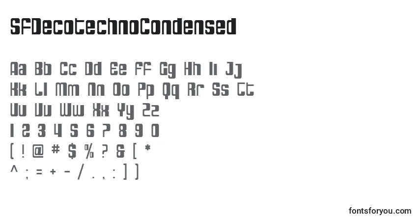 A fonte SfDecotechnoCondensed – alfabeto, números, caracteres especiais
