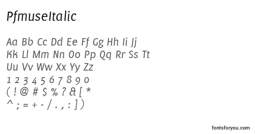Fuente PfmuseItalic - alfabeto, números, caracteres especiales