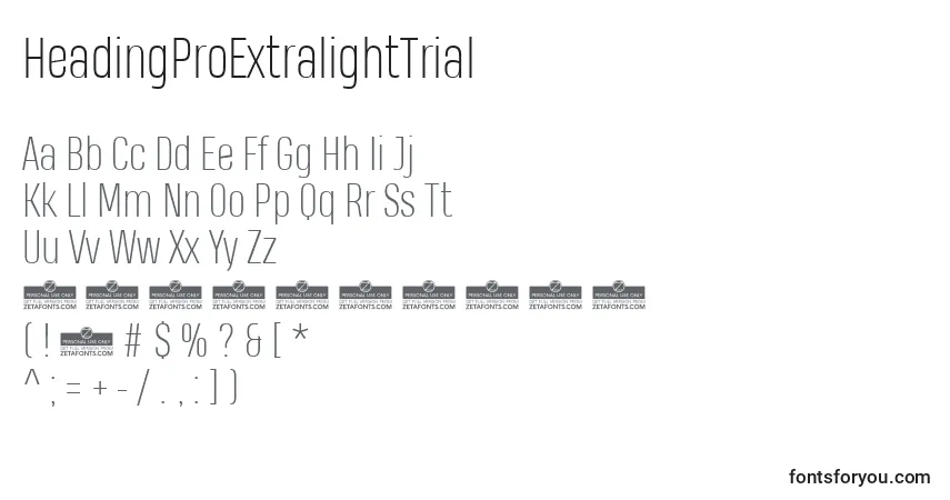 Шрифт HeadingProExtralightTrial – алфавит, цифры, специальные символы