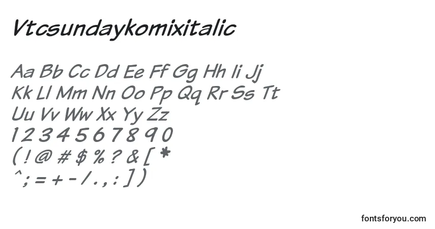 Шрифт Vtcsundaykomixitalic – алфавит, цифры, специальные символы