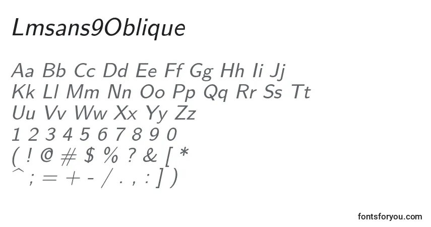Czcionka Lmsans9Oblique – alfabet, cyfry, specjalne znaki