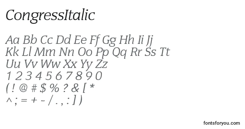 A fonte CongressItalic – alfabeto, números, caracteres especiais
