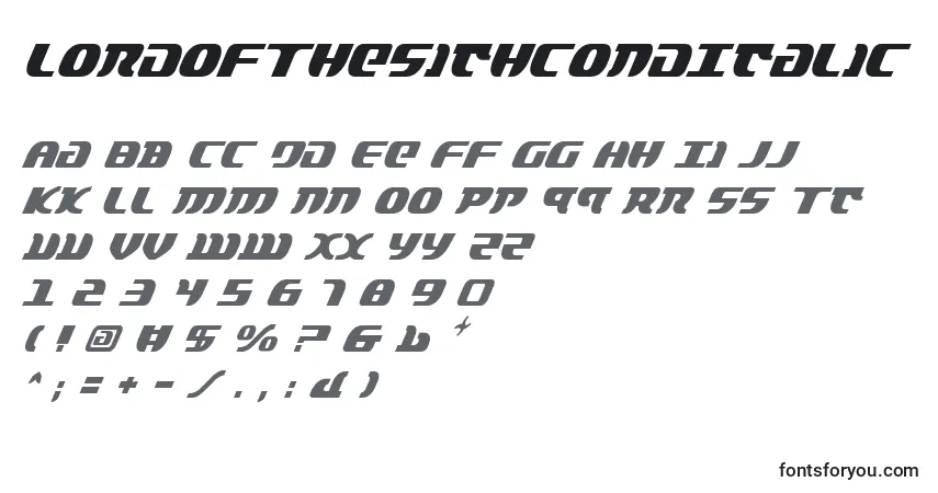 Fuente LordOfTheSithCondItalic - alfabeto, números, caracteres especiales