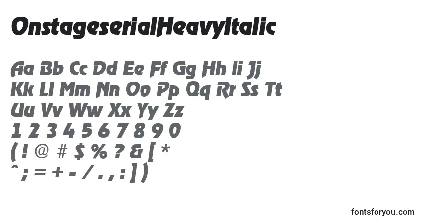 Шрифт OnstageserialHeavyItalic – алфавит, цифры, специальные символы