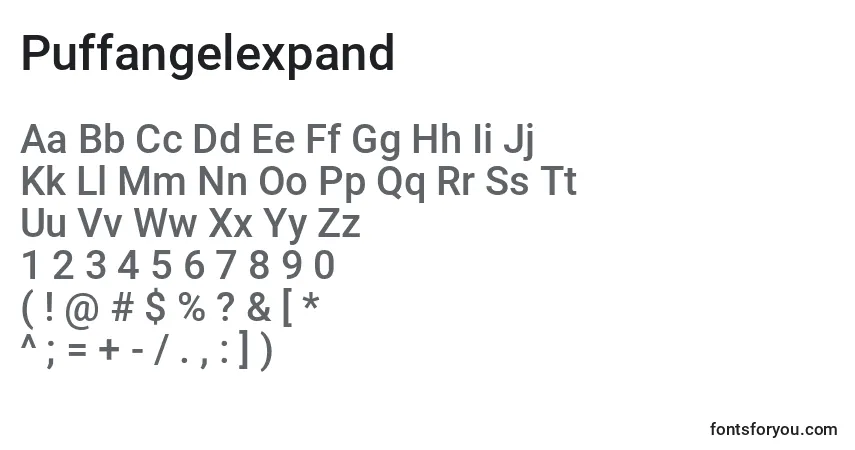 Czcionka Puffangelexpand – alfabet, cyfry, specjalne znaki