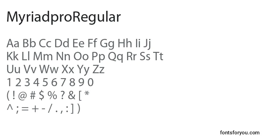A fonte MyriadproRegular – alfabeto, números, caracteres especiais