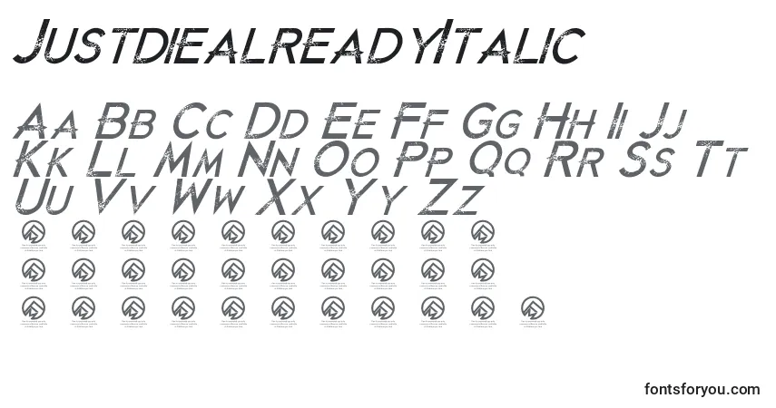 Czcionka JustdiealreadyItalic – alfabet, cyfry, specjalne znaki