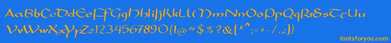 フォントMkarolingish – オレンジ色の文字が青い背景にあります。