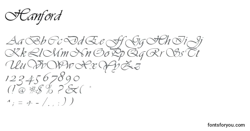Czcionka Hanford – alfabet, cyfry, specjalne znaki