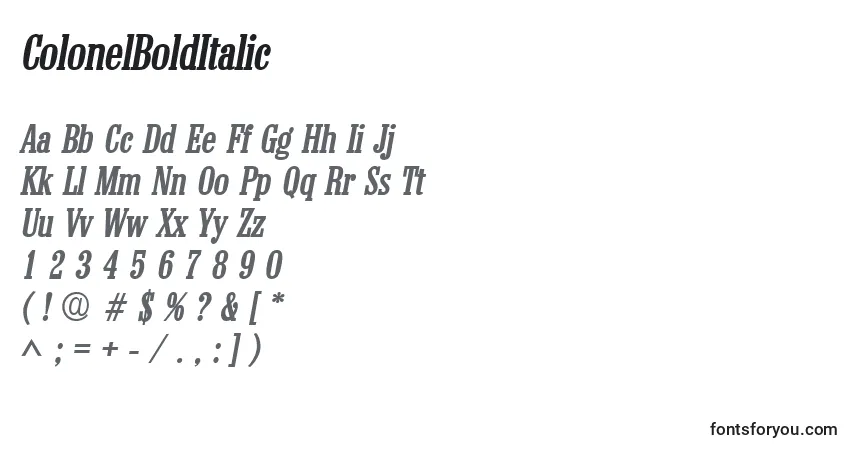 A fonte ColonelBoldItalic – alfabeto, números, caracteres especiais