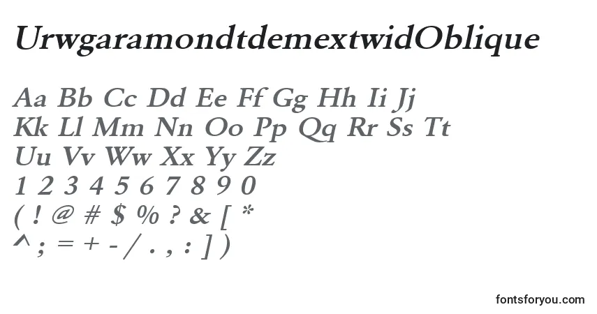 Czcionka UrwgaramondtdemextwidOblique – alfabet, cyfry, specjalne znaki
