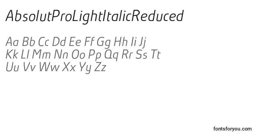 Czcionka AbsolutProLightItalicReduced – alfabet, cyfry, specjalne znaki