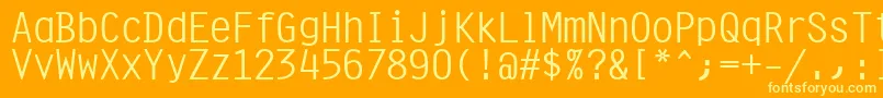 Orator10PitchBt-Schriftart – Gelbe Schriften auf orangefarbenem Hintergrund