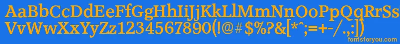 Weitere Informationen zur AccoladeserialBold-Schriftart AccoladeserialBold-Schriftart – Orangefarbene Schriften auf blauem Hintergrund