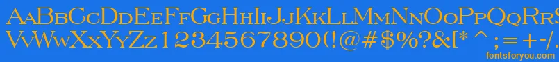 フォントEngraversRomanBt – オレンジ色の文字が青い背景にあります。