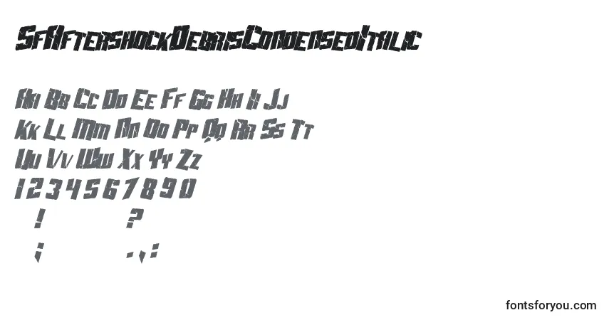 A fonte SfAftershockDebrisCondensedItalic – alfabeto, números, caracteres especiais