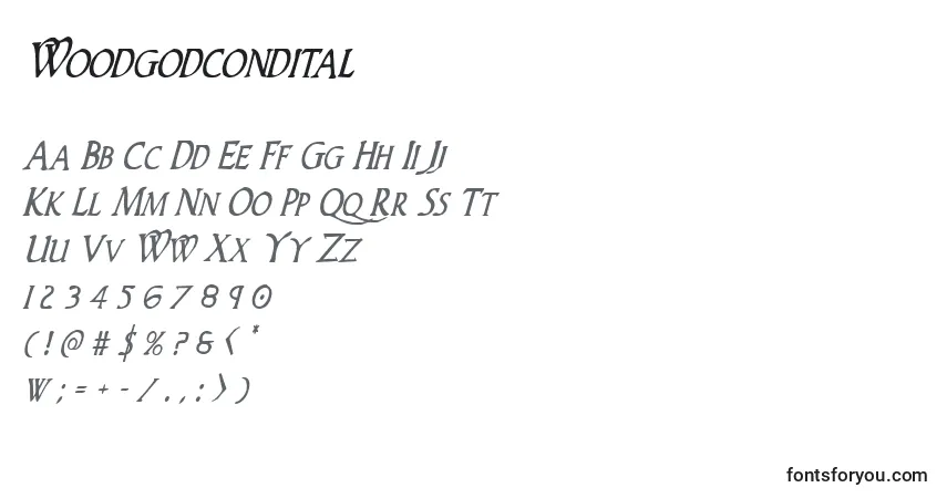 Schriftart Woodgodcondital – Alphabet, Zahlen, spezielle Symbole