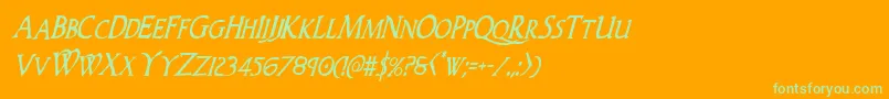 Woodgodcondital-Schriftart – Grüne Schriften auf orangefarbenem Hintergrund
