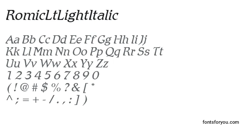 Шрифт RomicLtLightItalic – алфавит, цифры, специальные символы