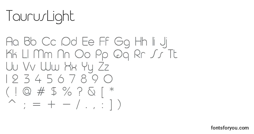 TaurusLight-fontti – aakkoset, numerot, erikoismerkit